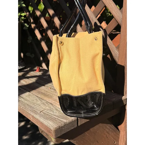 Tory Burch Ella Tote Mustard Yellow Canvas Black Patent Leather Trim Handbag - Image 4