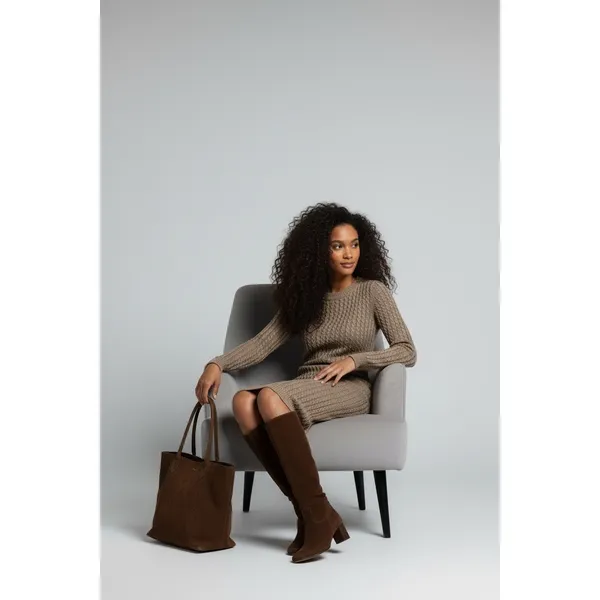 Calvin Klein Taupe Cable Knit Sweater Dress Quiet Luxury Fall M - Image 2