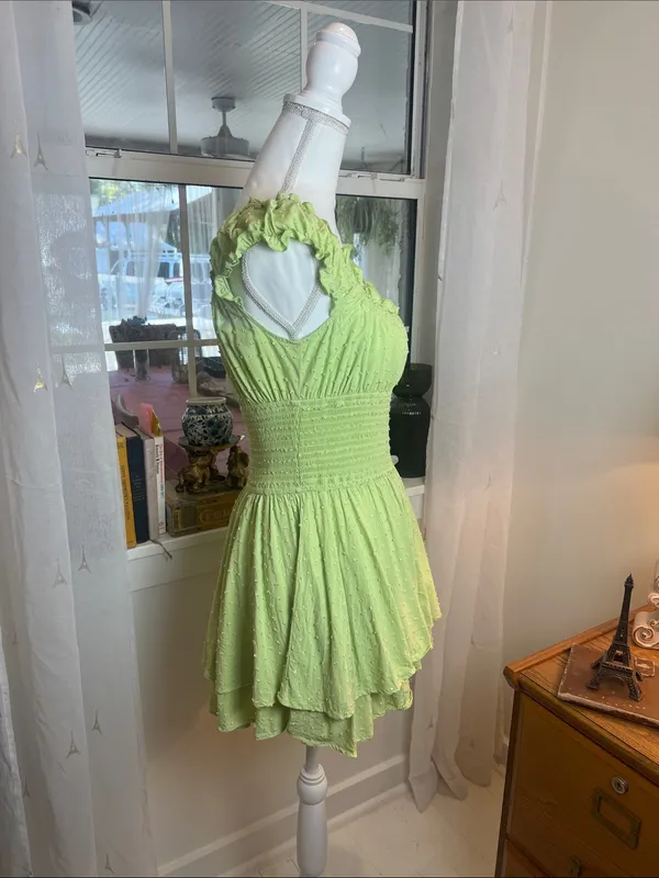Urban Outfitters Lime Green Smocked Ruffle Mini romper size large. - Image 4