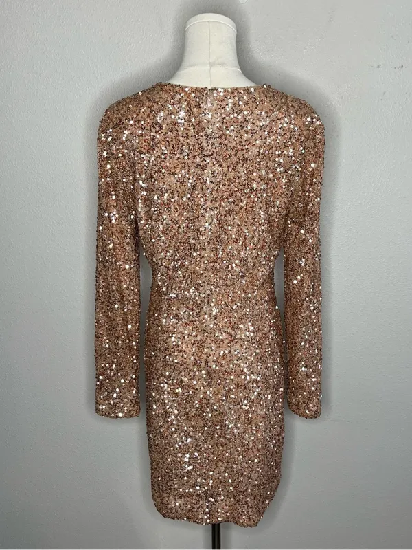 Retrofete Bronze Rose Gold Sequin Long Sleeve Nikki Mini Dress Evening Party - Image 2