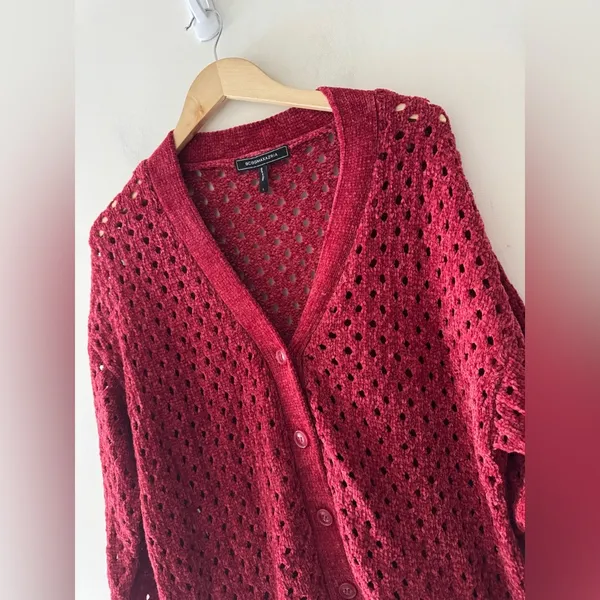 BCBGMAXAZRIA Women's Relaxed Open Knit Red‎ Chenille Cardigan Button Sweater - Image 3