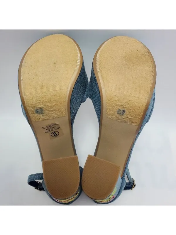 Heart in D Blue Denim Floral Embroidered Platform Heels Sandals Size 8 - Image 11