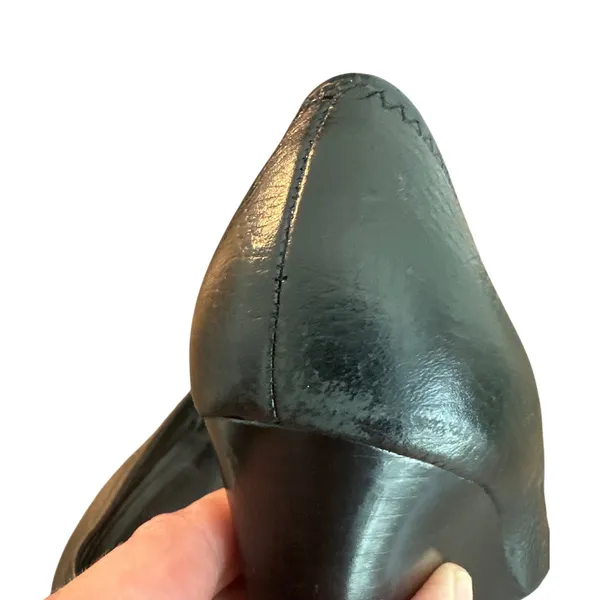 Tory Burch Peep Toe Wedge Pumps Black Leather Silver Logo Size 8 - Image 11
