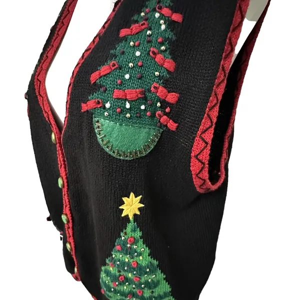 VINTAGE Ugly Christmas Tree Sweater Vest Lrg Holiday Grandma CottageCore Novelty - Image 2