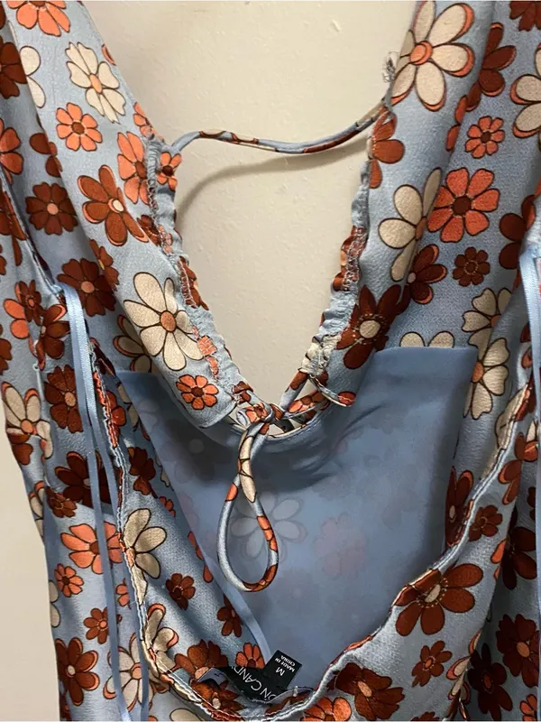 Cotton Candy LA Maxi Halter Slip Dress M Satin Blue Brown Floral Hippie Boho Vtg - Image 7