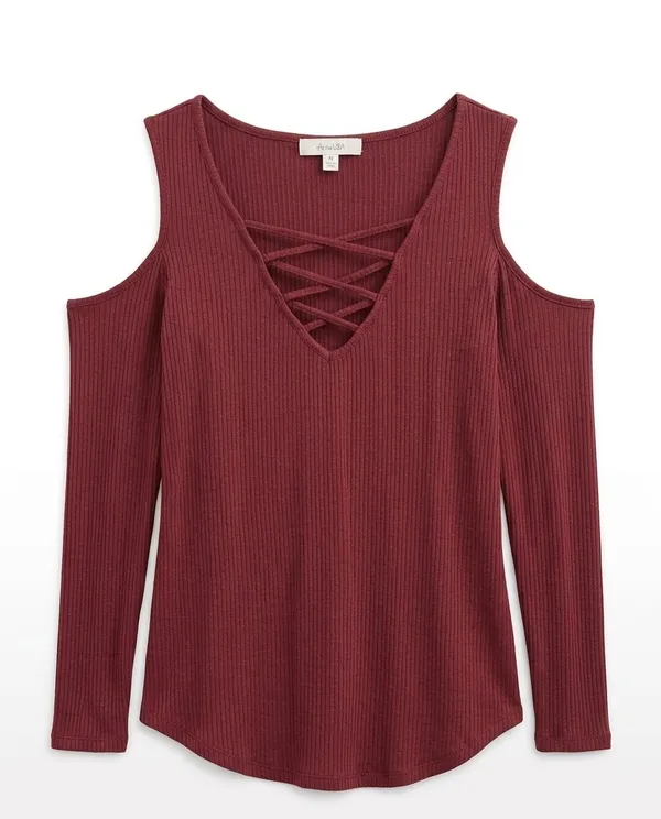 Active USA Women's Cold-Shoulder Crisscross Ribbed Top - Image 2