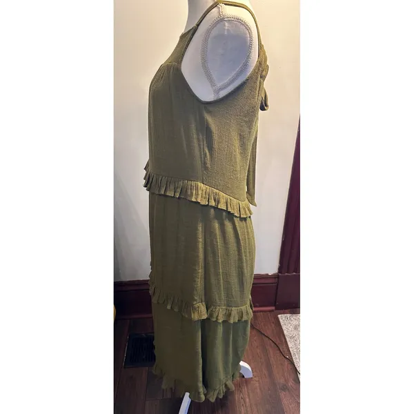 Emelia Olive Green Tiered Ruffle Maxi Dress Smocked Tie Back Boho XS Y2634 - Image 2