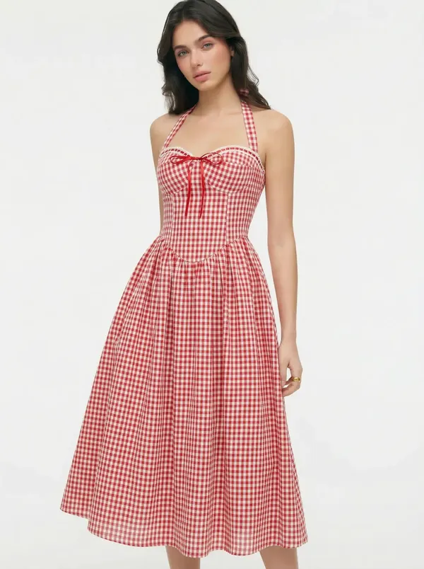Cider Red Gingham Halter Midi Dress - Image 2
