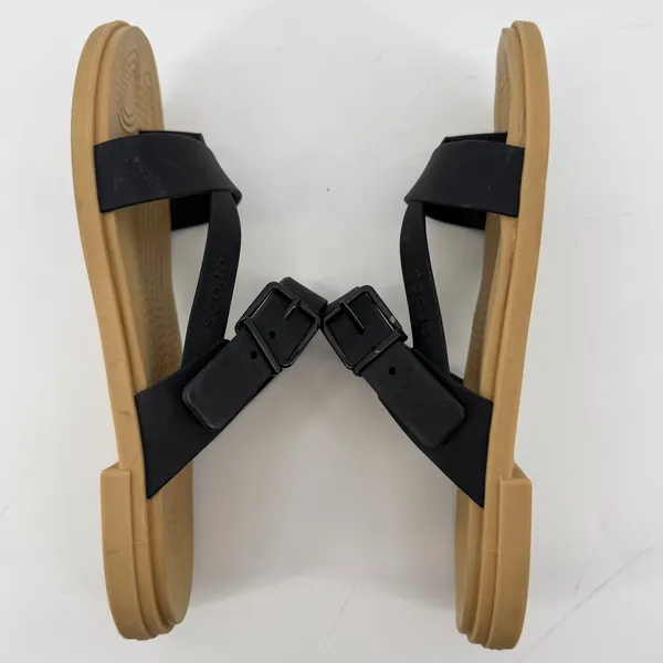 Crocs Tulum Toe Post Sandal Black Tan Women 6 Strappy Slip On Flip Flop Buckle - Image 6
