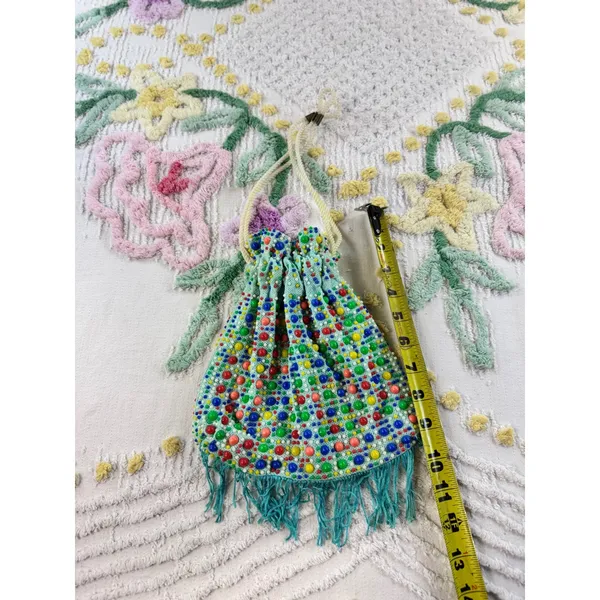 Vintage KBS Trading Co Honolulu Beaded Drawstring Pouch Bag Multi Color Fringe - Image 2