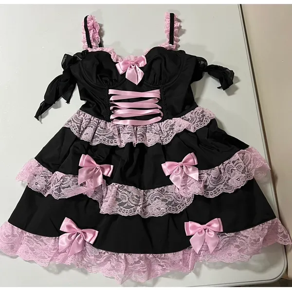 Dolls Kill x Widow Black Pink Bow Bows Lace Ruffle Mini Dress Size XS 🎀✨ - Image 3