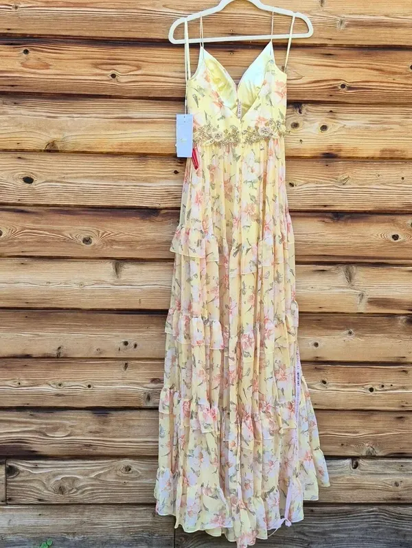 NWT Mac Duggal 67794 Yellow Tiered Floral Chiffon Gown Size 2 - Image 14