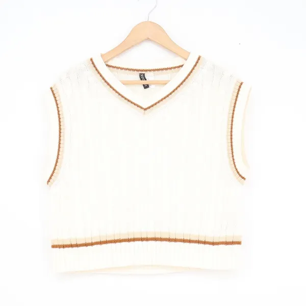 H&M Divided Cream Cable Knit Sweater Vest V-Neck Striped Trim Womens Size M - Image 2