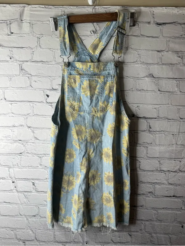 American eagle Sunflower Denim Overall Dress - Light Blue & Yellow small - Image 2