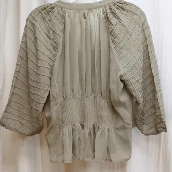 NWT French Connection Warm Gray Sheer 1/2 Sleeve Ruched Sleeve & Pleated Blouse - Image 2