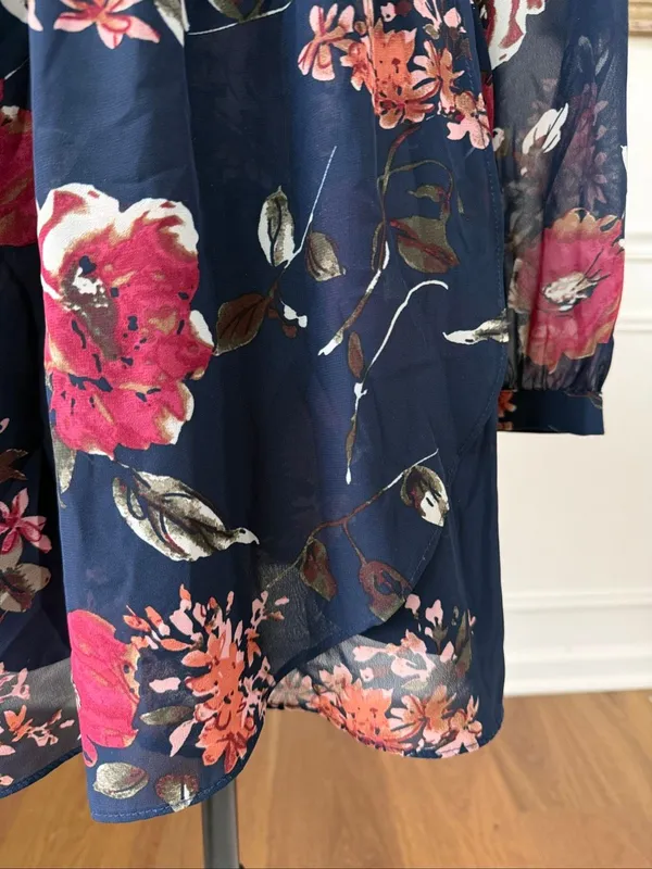 Lulus Pretty Pretender Navy Blue Floral Print Sheer Long Sleeve Mini Dress L - Image 6