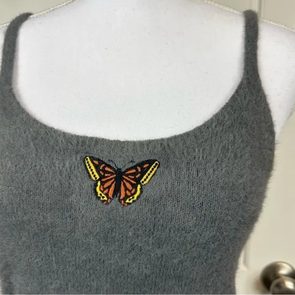 Hollister Women’s Retro Y2K Fuzzy Butterfly Gray Tank Top Size Large - Image 3