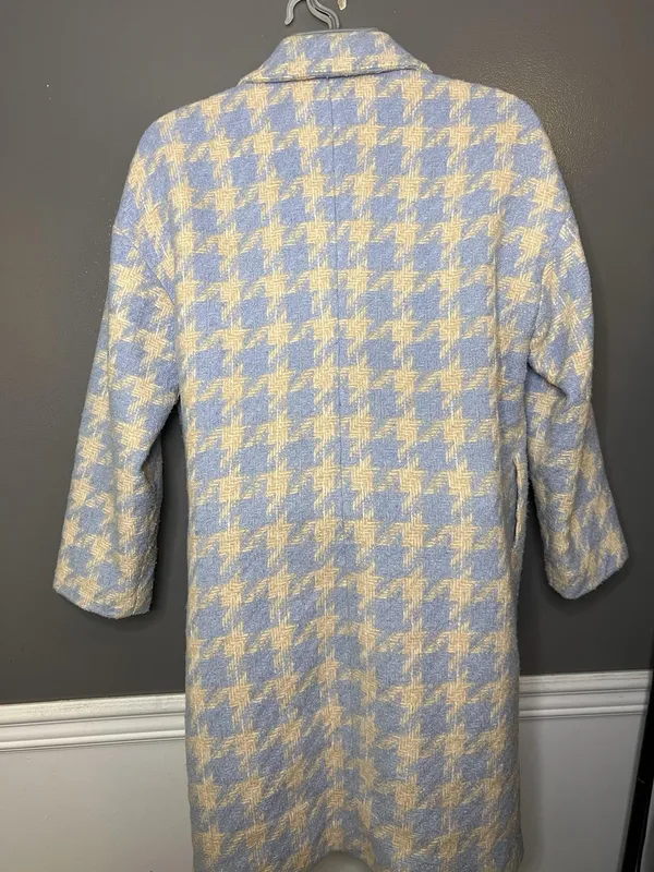 Baloot Coat Womens Small Blue Houndstooth Tweed 3/4 Sleeve Button Front Lined - Image 8