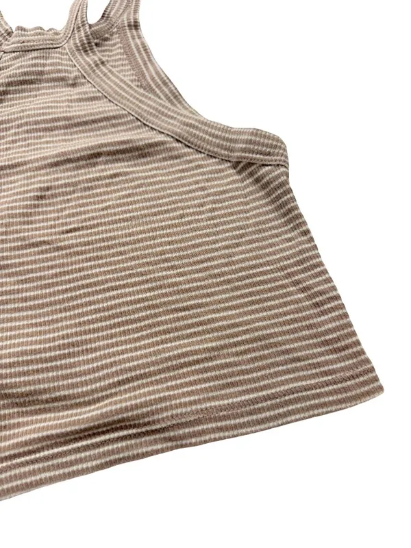 Truly Madly Deeply Tan Cream Striped Ribbed Tank Top Shirt Scoop Small Women's - Image 2