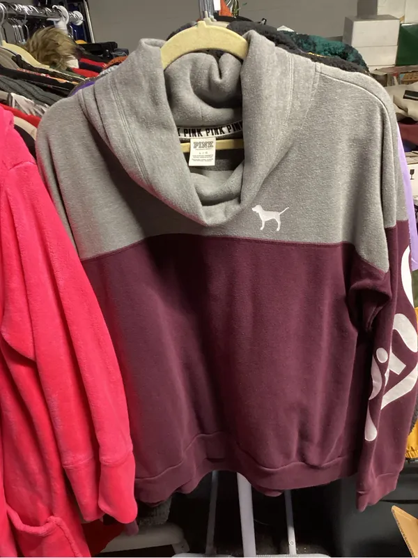 PINK Victoria's Secret Gray and Maroon Colorblock Hoodie - Image 2