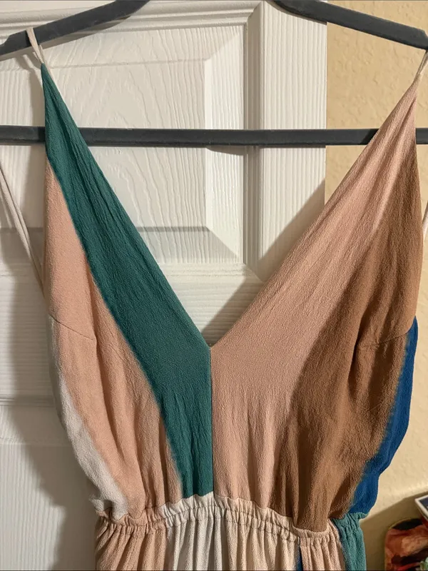 Indah Striped V-Neck Maxi Dress in Teal, Navy, Beige and Cream - Image 4