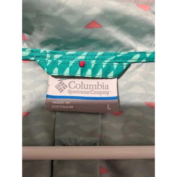 Columbia Womens Windbreaker L Teal Pink Geometric Full Zip Hooded Jacket Rain - Image 3