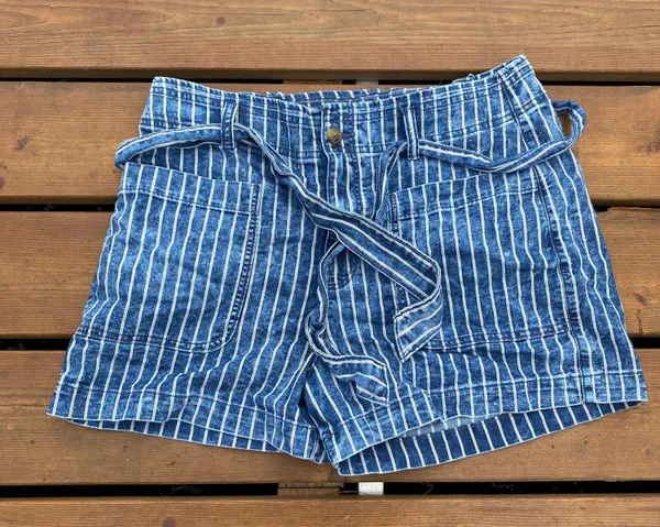 American Eagle Outfitters Vertical Striped Paper Bag Denim Shorts - Image 3