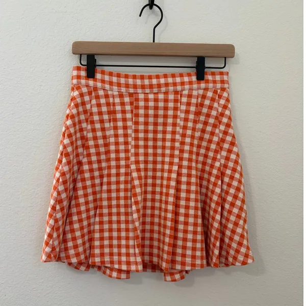 Free People Size 4 Honey Pleated Skirt Pleated Orange Gingham Preppy Picnic Fall - Image 2