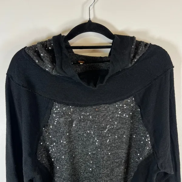 Free People‎ Sequin Mixed Media Hoodie Black Charcoal Grey Pullover Small boho - Image 2