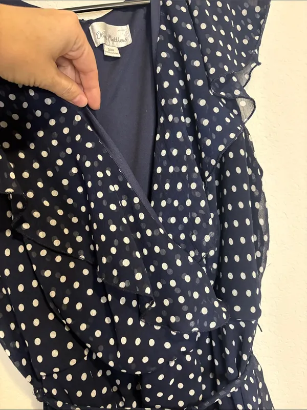 Olivia Matthews Navy Dress with White Polka Dots and ruffles - Image 4