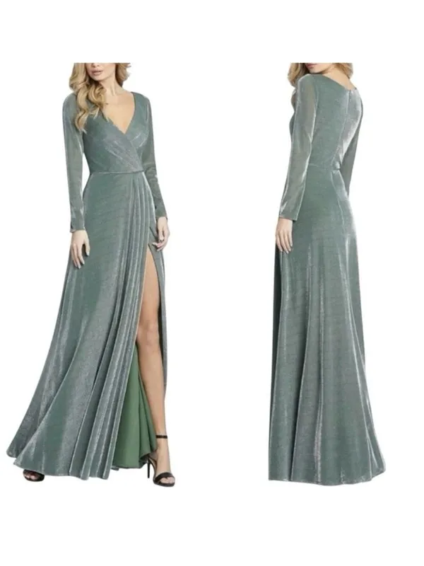 IEENA for Mac Duggal Faux Wrap Gown Maxi Dress Sz 12 Jade Green Metallic stretch - Image 2