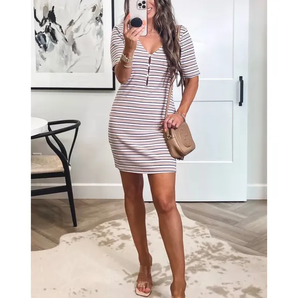Abercrombie & Fitch Sz M Ribbed Striped Quarter Sleeve Button Front Dress Soft - Image 2