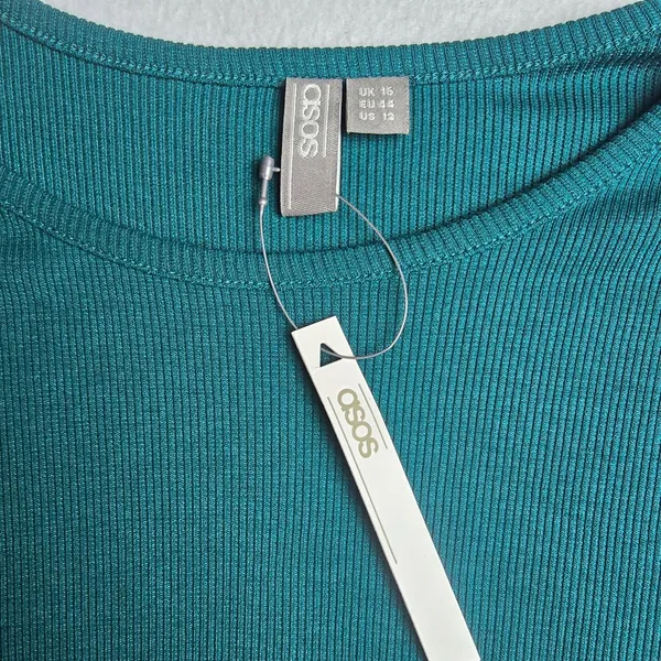ASOS 36Y NWT Teal Ribbed Knit Maxi Dress Flared Lettuce Hem Sleeve Long Sleeve S - Image 3