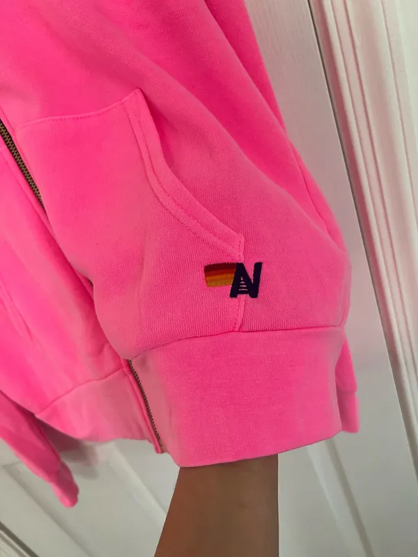 Aviator Nation Full Zip Hoodie Unisex Neon Pink Long Sleeve Pockets Logo Print L - Image 8
