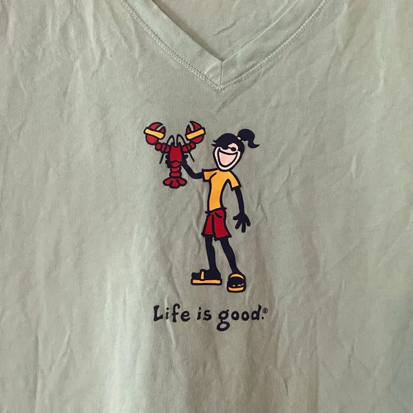 Life Is Good Teal Blue V-neck Tee Cotton Lobster Girl Gorpcore Women size Medium - Image 3