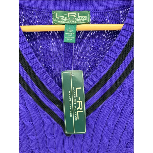 Lauren Ralph Lauren Purple Cable Knit Tennis Sweater V-Neck Preppy Varsity L NWT - Image 3