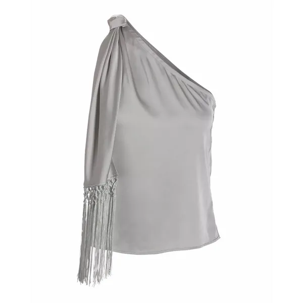 Boston Proper charmeuse‎ fringe one shoulder blouse Silver Shirt Boho Top Zip - Image 12