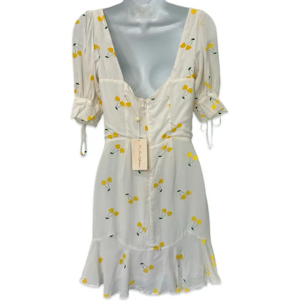 For Love & Lemons White Yellow Cherry Ashland Lace Up Mini Dress size XS NEW Tag - Image 6