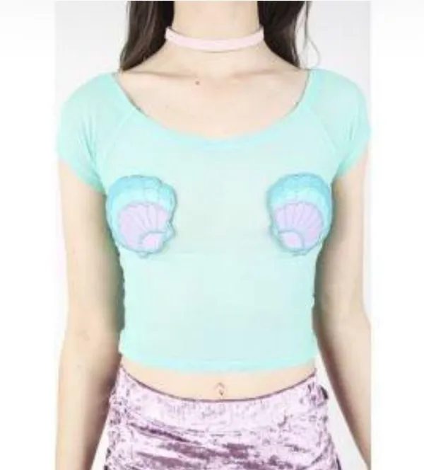 NEW! IRON FIST | MERMAID FOR LIFE | Mesh Crop Top Aqua Seashells Size MEDIUM - Image 9