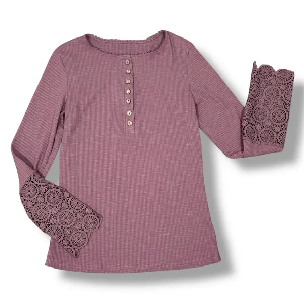 Ribbed Knit Lace Cuff Long Sleeve Henley Shirt‎ Mauve Dusty Rose Size Large - Image 12