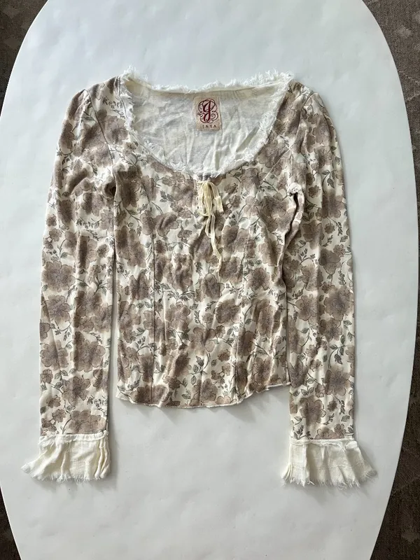 Jaya Vintage VTG Cotton Floral Cream Cottagecore Prairie 90s Lace Up Bell Top S - Image 2