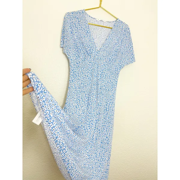 Mango Poma Floral Midi Dress Size Medium Blue Cottage Coquette Chic Jersey - Image 12