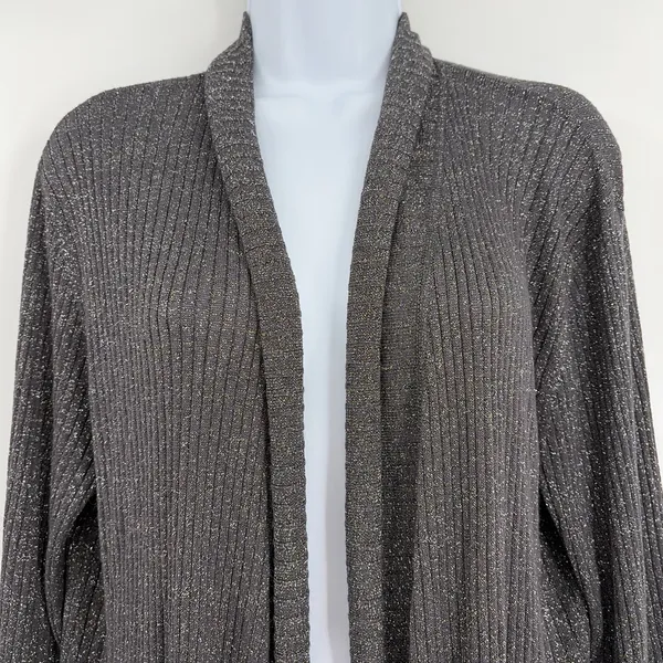 Chico's Ribbed Shimmery Womens Sweater Cardigan Sz XL Holiday Glam Metallic Open - Image 2
