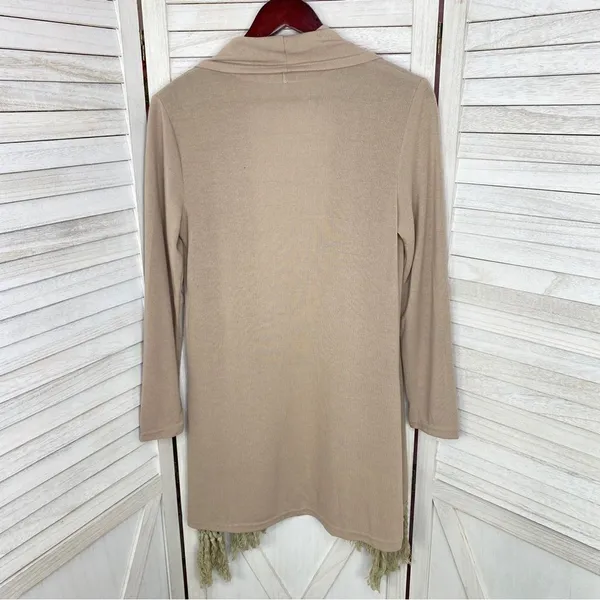 Boho‎ Fringe Hem Waterfall Cardigan Knit Khaki Tan Small Open Front Long Sleeve - Image 8