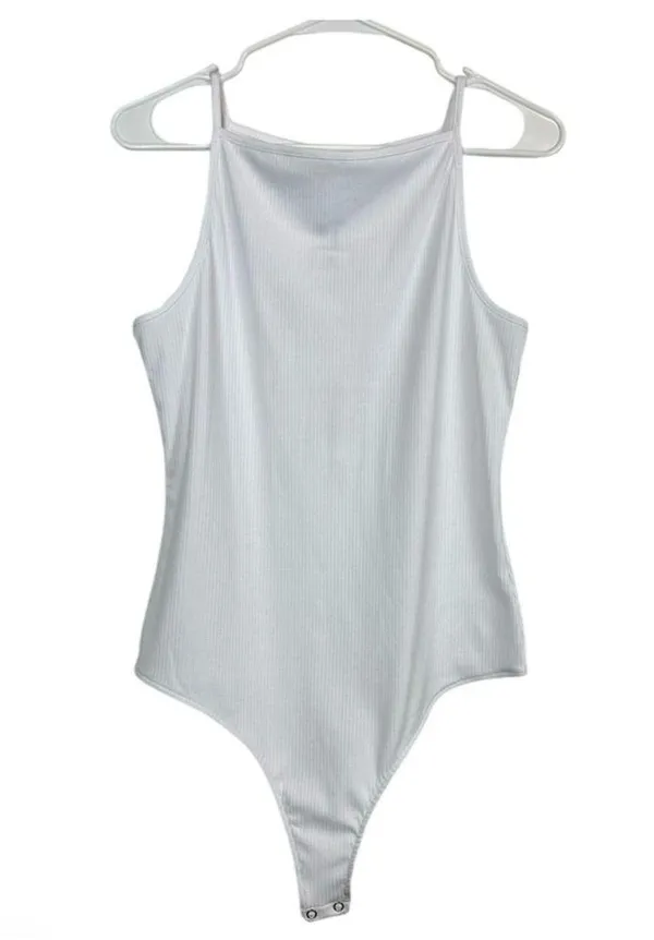 Express Women’s Square Neck Spaghetti Strap White Ribbed Bodysuit Size Large - Image 2