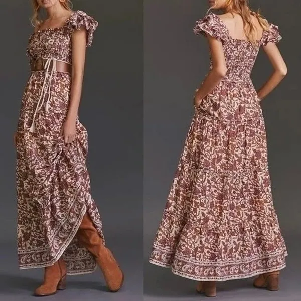 Anthropologie Love the Label Maxi Dress S Cottagecore Smocked Tiered Block Print - Image 2