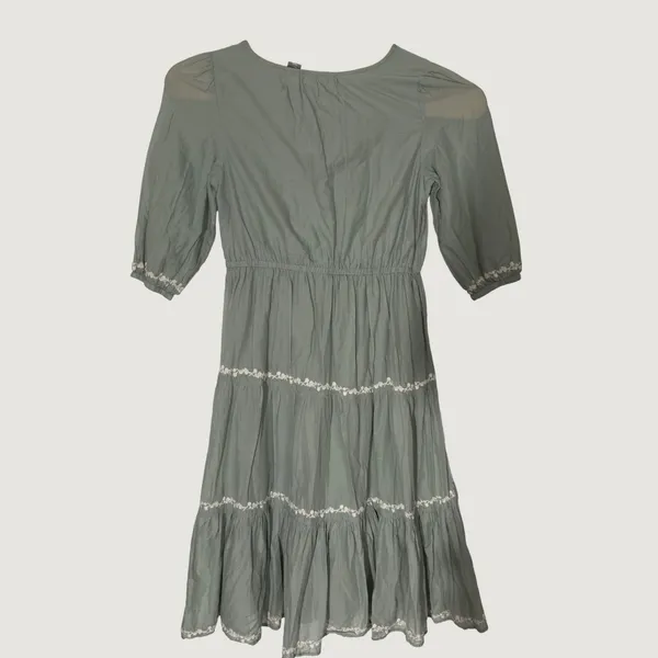 3271 | Lucky Brand Embroidered Tiered Midi Dress Sage Green Cotton Women L - Image 5