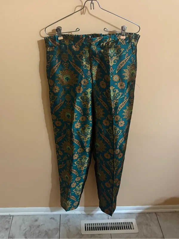 Anthropologie Maeve Melyssa Floral Jacquard Metallic Green Trousers - Image 2