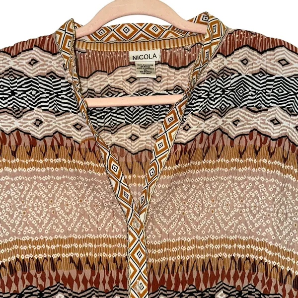 Boho Sheer‎ Blouse XL Earth Tone Floral Button Front Lightweight - Image 3