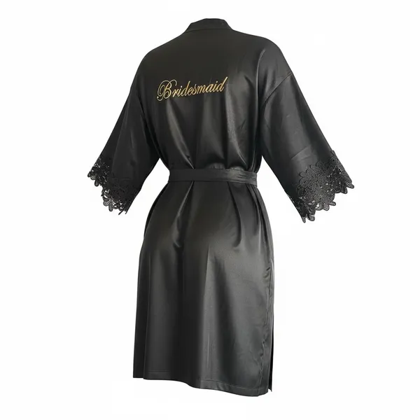 Black Bridesmaid Satin Lace Kimono Robe‎ With Tie Sash Large - Image 2